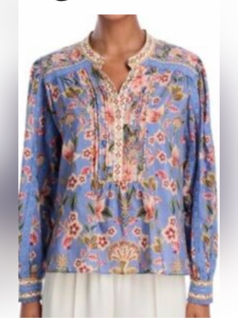 FARM Rio Lavender Blue Floral Cotton Peasant Blouse with Pink Flowers